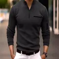 Men's casual long sleeve polo shirt with stand collar and arm zipper in charcoal black - S / Tops / Black