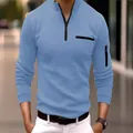 Light blue long sleeve men's polo shirt with quarter zip and decorative arm zipper. - Sky Blue