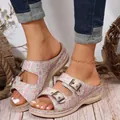 Detailed view of women's wedge sandals with double metal buckles and colorful plaid pattern - 35 / Pastel Woven Wedge Slippers / Holographic Pink