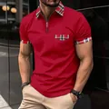 Red men's polo shirt with stylish plaid collar detail and a front quarter zipper - S / Tops / Burgundy