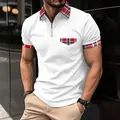 Close-up of men's white casual polo shirt featuring plaid collar and zipper neck detail - S / Tops / White