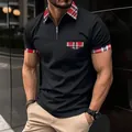 Men's casual black polo shirt featuring a zipper lapel and red plaid patchwork sleeve cuffs. - S / Tops / Black