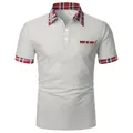 Detailansicht eines grauen Herren-Poloshirts mit Karokragen und Taschendetails. - S / Oberteile / Grau
