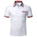 Detailaufnahme des weißen Herren-Poloshirts mit rotem Karomuster an Kragen und Tasche - S / Oberteile / Weiß