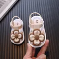 Cute beige baby girl summer sandals featuring a large 3D flower and closed-toe design. - 16 / Beige