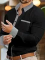 Detail of men's casual black shirt with stylish houndstooth patchwork on collar and cuffs - S / Tops / Black