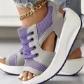 Sandalias de plataforma de malla morada para mujer con diseño transpirable y cordones - Violeta