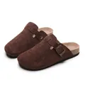 Casual dark brown suede clogs with cork soles and adjustable buckle straps for unisex wear. - 35 / Coffee