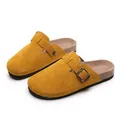 Mustard yellow suede clogs with adjustable buckle strap and cork sole for unisex casual wear - 35 / Yellow