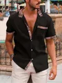 Camisa informal negra de manga corta para hombre con elegantes ribetes de cuadros - S / Tops / Negro