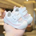 Breathable pink and white mesh baby walking shoes with cute cartoon rabbit strap - Size 25 (Inner 15.5cm) / Pink