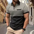 Λεπτομερής προβολή ανδρικού casual polo με ριγέ σχέδιο, χρώματα και ψεύτικη τσέπη. - S / Tops / Χακί