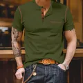 Detailed view of olive green men's Henley T-shirt featuring contrast orange stitching - Army Green