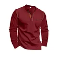 Burgundy men's casual long-sleeved Henley shirt with chest pocket and button neck - S / Tops / Burgundy