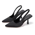 Elegant black pointed-toe slingback high heels with a slim stiletto heel and satin finish. - Black