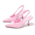 Side view of elegant pink pointed-toe slingback high heels shoes on white background - Pink