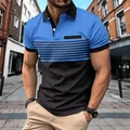 Close-up of men's casual Polo shirt with blue color-block and horizontal stripes detail - S / Tops / Sapphire Blue