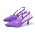 Close-up view of elegant purple pointed-toe slingback pumps with comfortable kitten heels. - 35 / Purple