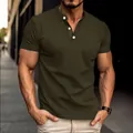 Detailed macro view of olive green men's Polo shirt with Henley collar and chest pocket - S / Tops / Army Green