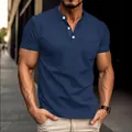 Detail view of men's navy blue short-sleeved Henley T-shirt with chest pocket - S / Tops / Sapphire Blue