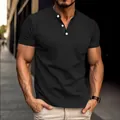 Premium slim fit black short sleeve Henley polo shirt with chest pocket for men - Black