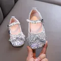 Sparkling silver rhinestone girls princess Mary Janes with decorative bow and pearl strap - Silver