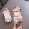 Elegant sparkly pink girls princess shoes with pearls and large bows for party dance - Pink