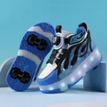 Children's blue and white four-wheel roller shoes with LED lights and flame design - 29 / Blue