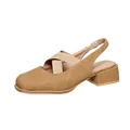 Vintage tan suede square toe Mary Jane sandals with crossover elastic straps, low heel - Khaki
