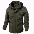 Men's outdoor spring jacket in military green with detachable hood and sleeve pocket - M / Tops / Army Green