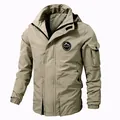 Professional men's khaki outdoor windbreaker jacket featuring a detachable hood and logo - M / Tops / Khaki