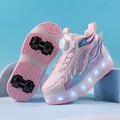 Pink children's 4-wheel roller shoes with bright LED lights and stylish flame pattern design - 29 / Pink
