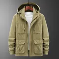 Men's olive green outdoor windbreaker jacket with detachable hood and utility pockets - 5XL / Tops / Khaki