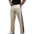 Detail view of men's beige straight-leg track pants with stylish black side stripes - S / Bottoms / Apricot