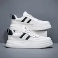 Men's casual white leather sneakers with black diagonal stripes and thick platform soles - 38 / Black and White