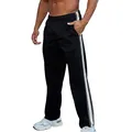 Detailed view of men's black straight sweatpants with white side stripes and elastic waist - S / Bottoms / Black