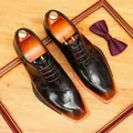 Elegante heren Oxford-schoenen met vierkante neus van glanzend lakleer voor business - koffiekleur