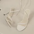 Detail view of white strappy lace-up high heel sandals for women - 35 / White Wraparound Straps