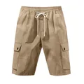 Front view of khaki men's linen cargo shorts with drawstring waist and pockets. - S / Bottoms / Khaki