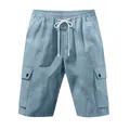 Detailed view of men's blue cargo shorts with textured slub linen fabric and drawstring - S / Bottoms / Light Blue