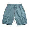 Detailed view of men's casual cargo shorts with elastic drawstring waist and side pockets. - S / Bottoms / Light Blue