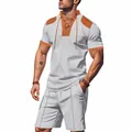 Ανδρικό καλοκαιρινό σετ waffle knit με γκρι μπλούζα Henley και ασορτί κοντό παντελόνι - Ανοιχτό γκρι
