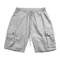 Detailed view of men's casual grey slub linen cargo shorts with functional drawstring - S / Bottoms / Light Gray