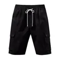 Men's tactical black slub linen cargo shorts with white drawstring and pockets. - S / Bottoms / Black