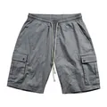 Front view of premium grey men's cargo shorts with drawstring and flap pockets detail - S / Bottoms / Iron Grey