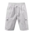 Front view of men's light grey slub linen cargo shorts featuring a drawstring waist. - S / Bottoms / Light Gray