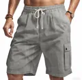 Close-up detail of grey slub linen cargo shorts with drawstring and side pocket - S / Bottoms / Dark Gray