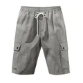 Front view of men's grey slub linen cargo shorts with elastic waist and drawstrings. - Dark Gray