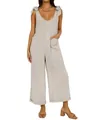 Women's linen-blend wide-leg jumpsuit with deep U-neck and adjustable shoulder ties - Light Gray