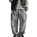 Men's retro grey corduroy cargo pants with loose straight fit and white drawstring detail - S / Bottoms / Gray